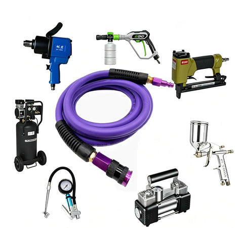 Beefy Hybrid Air Compressor Hose 1/4 Inch By 10 Foot, 300 PSI Heavy Duty All Weather Flex With Aluminum Couplers And Bend Resistors, Go-To Shop Floor Ready Purple Gear with tools