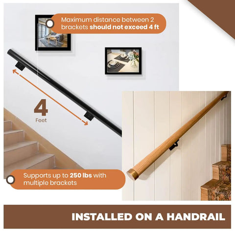 Heavy Duty Metal Handrail Brackets Set of 8 Cast Iron Stair Railing Brackets for Indoor and Outdoor Use installed on a handrail
