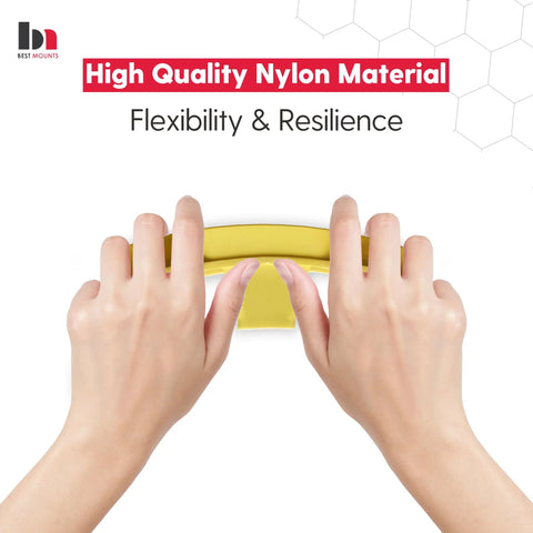 Hands bending flexible yellow nail-on low voltage mounting bracket for new construction 1 gang pack of 100 drywall wall plate