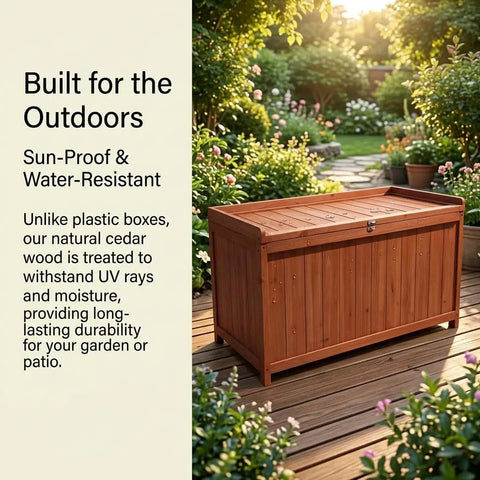 75 Gallon Wood Deck Box Outdoor Storage Bench For Patio Cushions Pillows Garden Tools And Pool Accessories With Solid Wood Support And Large 44.5 Inch By 20.9 Inch By 23.6 Inch Dimensions on patio