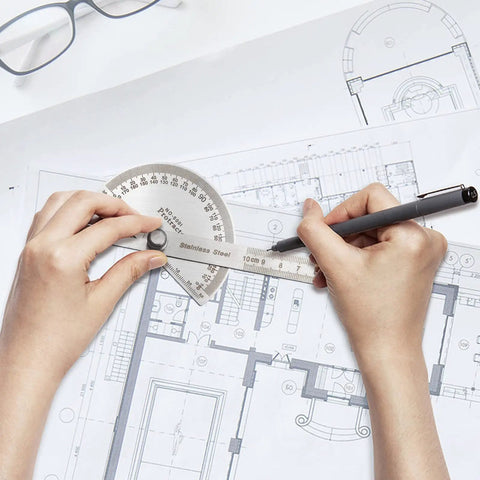 Rock Solid Stainless Steel Angle Protractor Ruler For Quick Carpenter Measurements And Construction Layouts used on architectural plans.