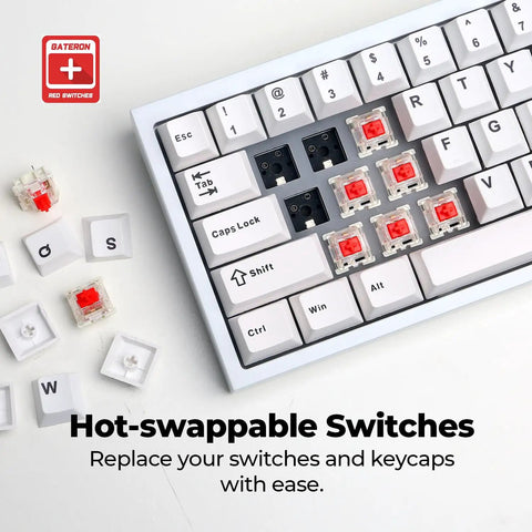 Compact 60 Percent White Mechanical Keyboard With Snappy Gateron Red Switches And Hot Swap Slots showing hot-swappable switches.
