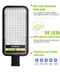 Close-up of Solar Powered Street Lights 2 Pack With Auto On Off Wireless Outdoor Lighting showing 98 LEDs and power indicator.