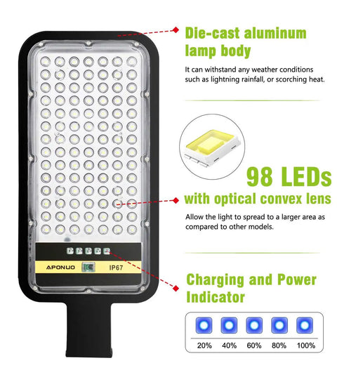Close-up of Solar Powered Street Lights 2 Pack With Auto On Off Wireless Outdoor Lighting showing 98 LEDs and power indicator.