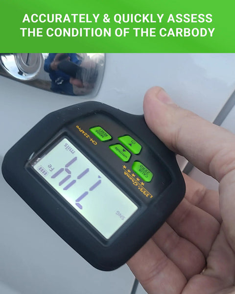 Automotive Paint Thickness Gauge For Car Panels, High Resolution Coating Meter From 0 To 59.1 Mils Or 1500 Micrometers, 0.01 Mil Resolution To 0.1 Micrometers, Fe NFe Zn Auto Detection, Auto Calibration, Ideal For Door Hood Roof And Body Panels measuring a car panel
