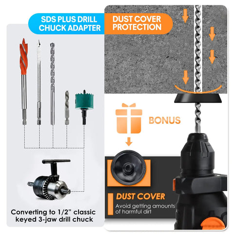 Built Tough 1-1/4 Inch SDS Plus Rotary Hammer Drill, 1500W Power, drill bits, chisel adapter, dust cover protection diagram