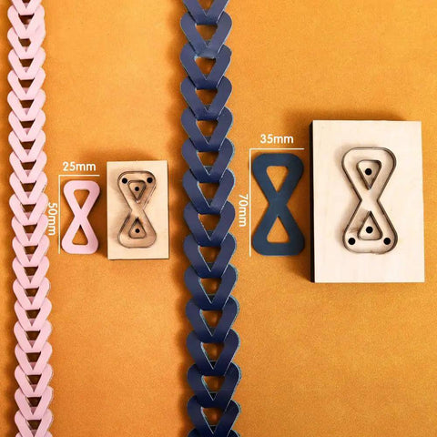 Dope Bow Shape Leather Cutting Die Set Two Pack For DIY Leather Projects with pink and blue straps, metal dies, and wooden frames
