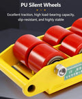 Badass Heavy Duty Moving Skates With 360 Degree Swivel And Non Slip Pads Rock Solid Carbon Steel Equipment Rollers For Factory And Warehouse Workloads Smooth Ride Load Movers Set Of Four featuring red PU silent wheels on yellow base.