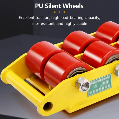 Badass Heavy Duty Moving Skates With 360 Degree Swivel And Non Slip Pads Rock Solid Carbon Steel Equipment Rollers For Factory And Warehouse Workloads Smooth Ride Load Movers Set Of Four featuring red PU silent wheels on yellow base.