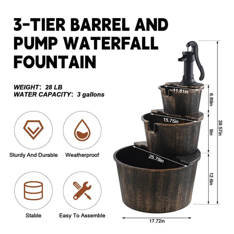 Three Tier Rustic Barrel Waterfall Fountain With Recirculating Pump For Outdoor Garden Patio Backyard And Porch 40 Inch Wooden Water Feature shown with measurements and features
