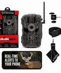 Cellular Trail Camera Bundle With Tree Mount Offering 36Mp Photos And 720P Video With A Hella Fast Trigger Speed Plus 80 Foot Night Vision For Serious Hunters Demanding Kickass App Controlled Game Viewing On LTE And Verizon Networks in a display with accessories.