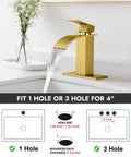 Gold waterfall spout single handle bathroom faucet fitting 1 or 3 hole sinks, sleek modern RV lavatory tap, SUS304 steel.