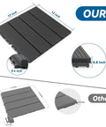Comparison of interlocking plastic deck tiles showing 12x12 inch charcoal gray tile next to alternative tile, highlighting dimensions.