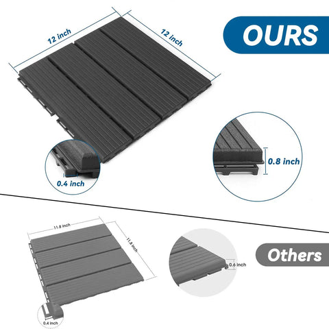 Comparison of interlocking plastic deck tiles showing 12x12 inch charcoal gray tile next to alternative tile, highlighting dimensions.