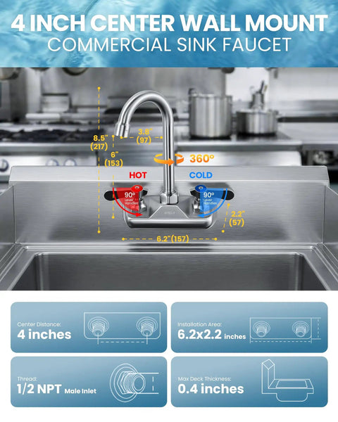iVIGA Commercial Hand Sink Faucet: 4" Swivel Spout 4'' Center Wall Mount Utility Faucet, Brass 360° Swivel Spout with measurements.