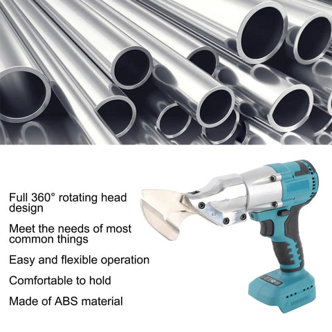 Cordless Electric Metal Shear With 360 Degree Rotating Head, robust power tool for cutting metal pipes and sheets.