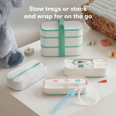 All In One Baby Health Care On The Go Travel Kit With NoseFrida Snotsucker Rectal Thermometer MediFrida Medicine Dispenser And Portable Carrying Case Ideal Gift Set For Parents displayed on a table.