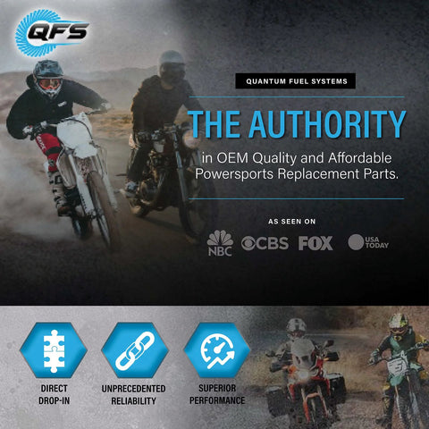 Motorcyclists riding on dirt with QFS logo; promotes Quantum Fuel Systems as OEM powersports parts authority
