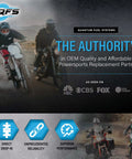 Motorcycle riders showcasing Quantum Fuel Systems' powersports replacement parts with logos and product benefits.