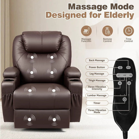 Cozy Leather 360 Degree Swivel Rocker Recliner With Massage, side pockets, cup holders, focus on massage points and remote