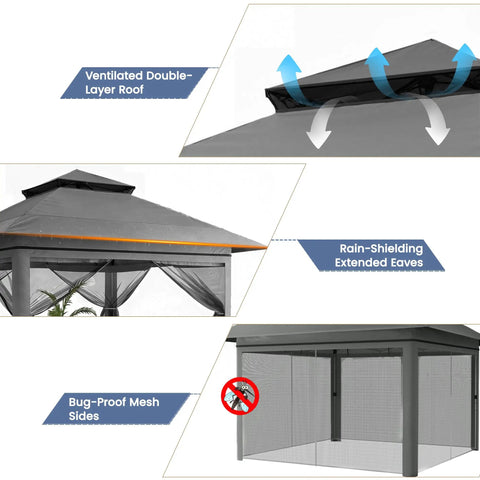 13x13 Pop Up Gazebo With Mosquito Netting One Push Setup No Tools Needed Ventilated Roof For Fresh Air Sturdy Frame Dark Gray