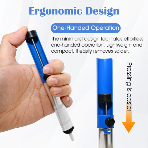 Hand holding Desoldering Pump With Vacuum And 3 Desoldering Guns Pack For Fast, Clean Solder Removal; ergonomic design shown