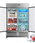 Heavy Duty Commercial Upright Freezer Two Door Stainless Steel Reach In Unit 36 Cubic Foot Fan Cooled kitchen workhorse showing frozen goods.
