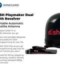 Dish Playmaker Dual With Receiver Self Pointing Satellite Antenna for RVs and outdoors, shown with receiver and logos
