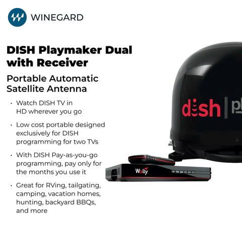 Dish Playmaker Dual With Receiver Self Pointing Satellite Antenna for RVs and outdoors, shown with receiver and logos