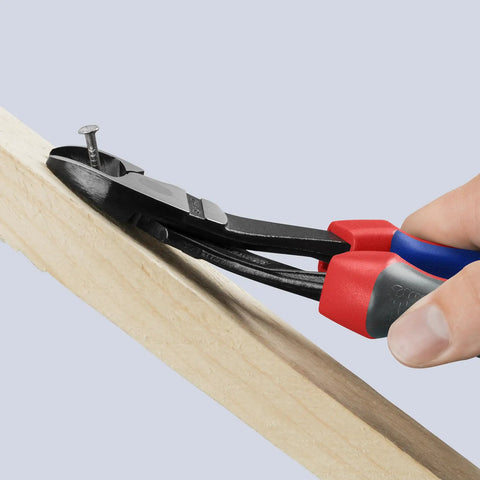 10 Inch High Leverage Angled Diagonal Cutters with Comfort Grip cutting a nail, durable and tested for tough cuts, for pros and DIYers