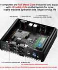 Internals of a fanless industrial mini PC with all-solid-state motherboard, RAM slots, and storage options.