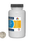 Calcium Phosphate Tribasic Fine Powder 4 Oz Bottle, 99.9% Pure ACS Reagent Grade bottle with label next to a coin for size reference.