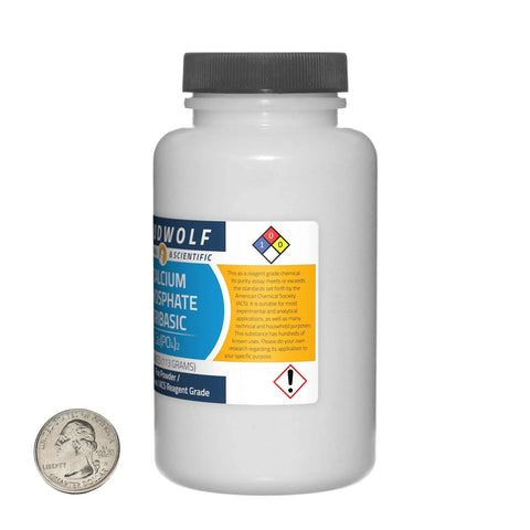 Calcium Phosphate Tribasic Fine Powder 4 Oz Bottle, 99.9% Pure ACS Reagent Grade bottle with label next to a coin for size reference.