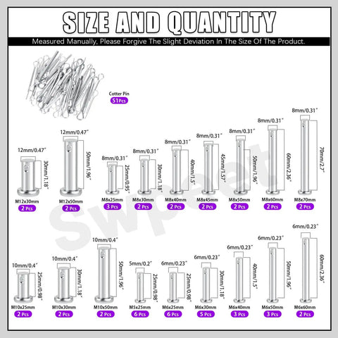 All In One Clevis Pin Kit With 51 Pieces In 18 Sizes M5 M6 M8 M10 M12 Zinc Plated Flat Head Pins Plus Cotter Pins diagram
