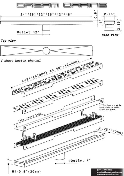 Detailed diagram of 32 Inch Stainless Steel Linear Shower Drain Kit With Tile Insert Grate No Sweat Install 9 GPM Water Flow