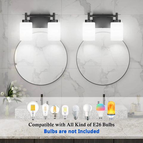 Two Light Black Vanity Sconces, Dope Industrial Style Bathroom Lighting Fixture With Milky Glass Shades over circular mirrors