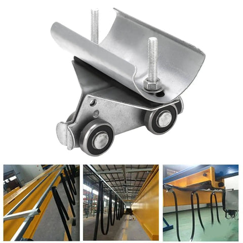 Beefy Track Roller Wheel Trolley Assembly for Electric Hoist System showing four-wheel design and galvanized housing.