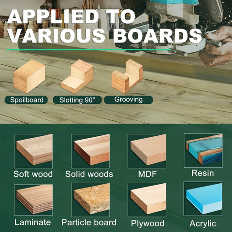 Spoilboard surfacing bit applied to various boards including softwood, solid woods, MDF, resin, plywood, laminate, and acrylic.
