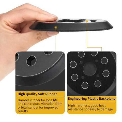 Hand holding 5 Inch 8 Hole Hook And Loop Replacement Sander Pads For Ryobi And Ridgid Random Orbital Sanders, highlighting rubber and plastic features.
