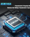 Detail of ASM2464 chipset unlocking 40Gbps speeds, featured in Blazing Fast 40Gbps USB4 NVMe SSD Enclosure for 2280 and 2230 drives.