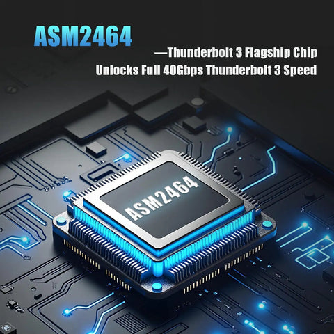 Detail of ASM2464 chipset unlocking 40Gbps speeds, featured in Blazing Fast 40Gbps USB4 NVMe SSD Enclosure for 2280 and 2230 drives.