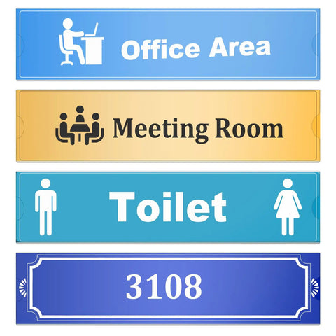 12 Pack Acrylic Wall Name Plate Holders With Adhesive Tapes 2x8 Inch Clear Horizontal Sign Frames showing office signs.