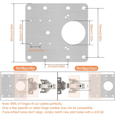 Diagram of 20 Piece Cabinet Hinge Repair Plate Kit Stainless Steel Door Hinge Mounting Plate with measurements.