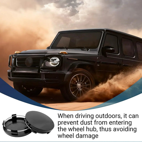 4 Pack Universal Car Wheel Hub Center Caps For Most Cars Black 60mm Outer Diameter caps beside SUV driving on dusty road