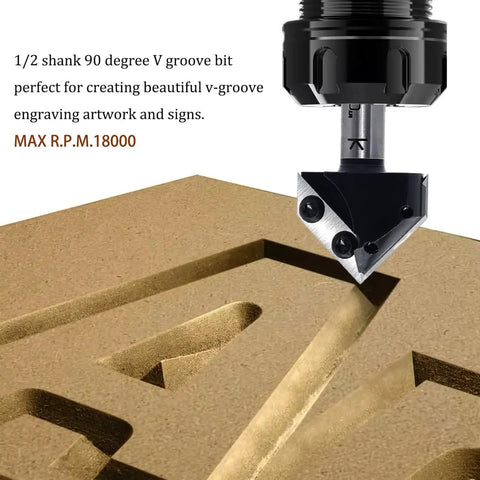 Heavy Duty Pro Grade Carbide V Groove 90 Degree Router Bit Half Inch Shank cutting wood for 2D and 3D signs and lettering