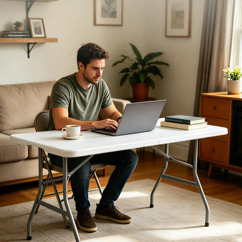 Man working at a laptop on a 6 Ft Folding Table Outdoor Indoor Plastic Square Dining Table Portable No Assembly Easy Setup