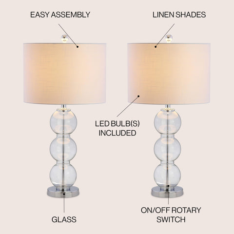 Clear Glass Triple Sphere Table Lamps Set Of Two With Chrome Finish And Super Sleek White Linen Shade For Living Room Bedroom Or Office 27 Inch Tall Bedside Lamps LED Bulbs Included And ETL Listed, front view