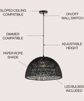 20 Inch Black Modern Bohemian Woven Rope LED Pendant Light Fixture With Adjustable Dome Ceiling Lamp For Kitchen Island Rope Shade Dope Coastal Farmhouse Decor, showing dimmer and sloped ceiling compatibility features.