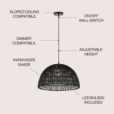 20 Inch Black Modern Bohemian Woven Rope LED Pendant Light Fixture With Adjustable Dome Ceiling Lamp For Kitchen Island Rope Shade Dope Coastal Farmhouse Decor, showing dimmer and sloped ceiling compatibility features.