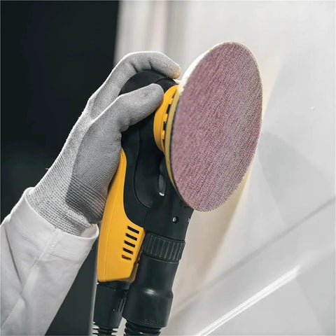 Grab These 50 Piece 6 Inch Mesh Sanding Discs With Hook And Loop Back For Metal Drywall Work Super Smooth Wet Or Dry Grind Finish Power Tool Accessory Essential Grit 80 To 800 in use on a power sander.